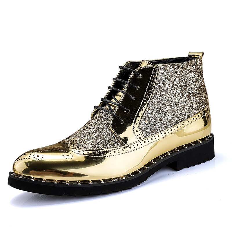 Men Dress Shoes High Top Black Gold Spring Summer Male Patent Leather Casual Shoes Elastic Band Man Pointed Toe Footwear: Gold / 43