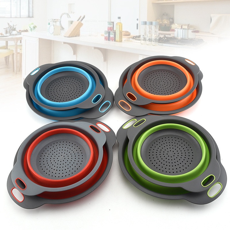 Escurridor retráctil de silicona para lavar platos, cuatro colores opcionales, tamaño redondo, canasta de lavado de frutas plegable
