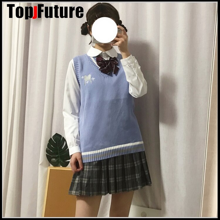 BLUE Japanese girl's Knitted Vest cute versatile sweater school Uniform Cardigans JK UNIFORM embroidery sweater
