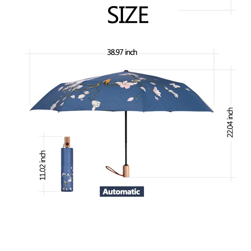 Retro Automatic Umbrella Women Wind Resistant Prevent UV Folding Wood Handle Ladies Flowers Birds Sun Umbrella