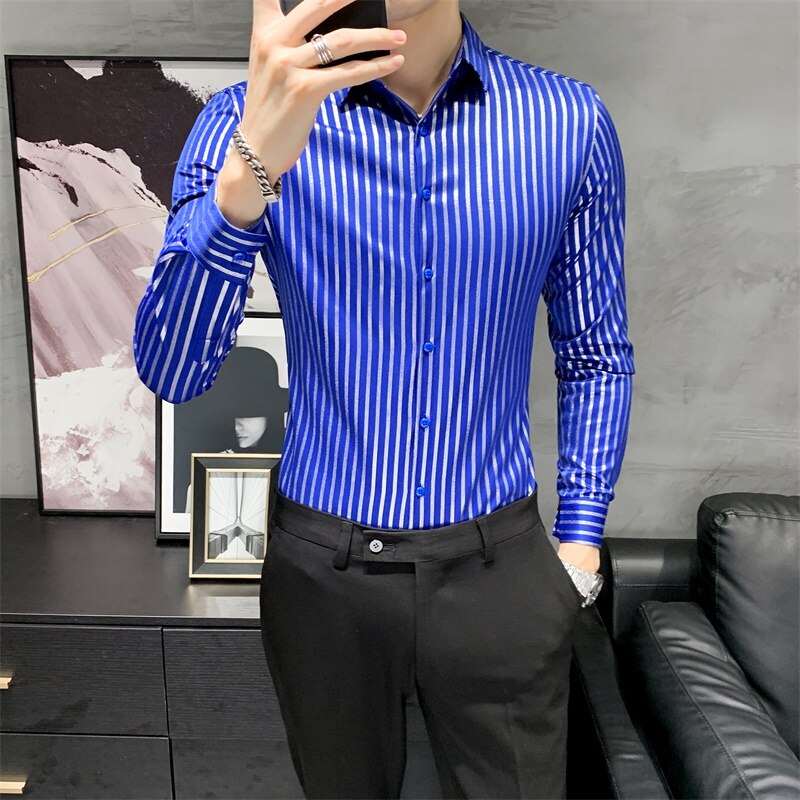 Efterår lange ærmer stribede skjorter til mænd koreansk slim fit afslappet bluse homme formelt slid herrer smoking kjole
