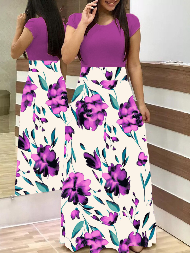 European and American style floral print color matching long sleeved dress, long women's large swing skirt