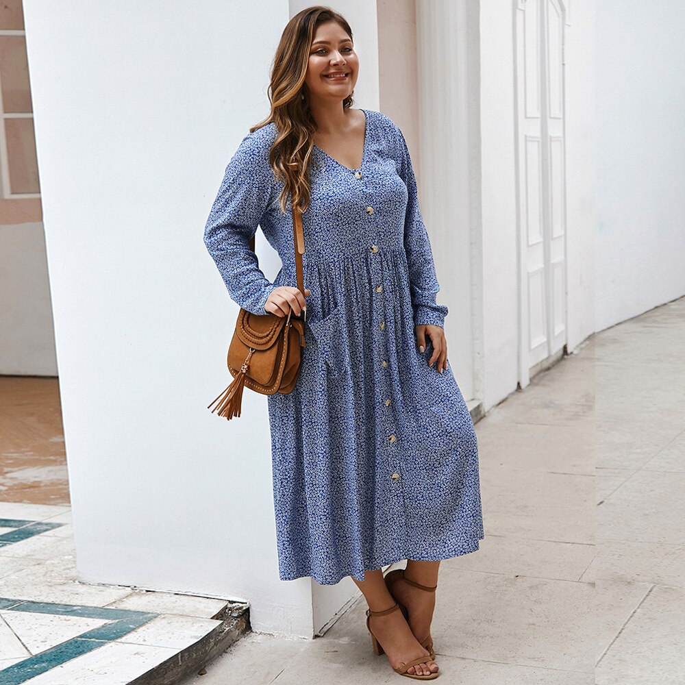 Mode Vrouwen Zomer Lange Mouw Jurk Plus Size V-hals Bloemenprint Knoppen Casual Jurk Zakken Maxi Lange Jurken