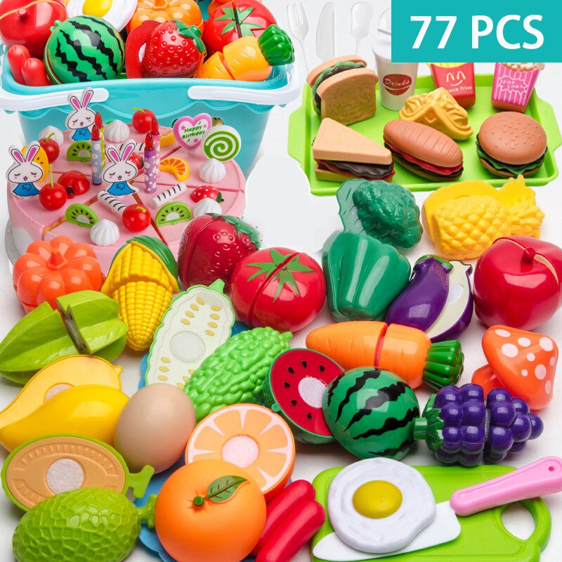 150pcs Plastic Kitchen Toy Shopping Cart Set Cut Fruit and Vegetable Food Play House Simulation Toys Early Education Girl: 77-piece set