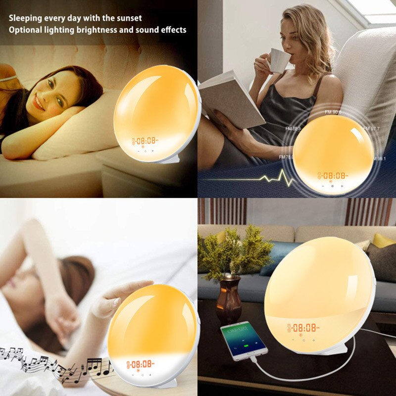 Réveil intelligent avec alarme WiFi, avec lumière de jour, 7 couleurs, pour le lever/coucher du soleil, fonctionne avec Alexa et Google