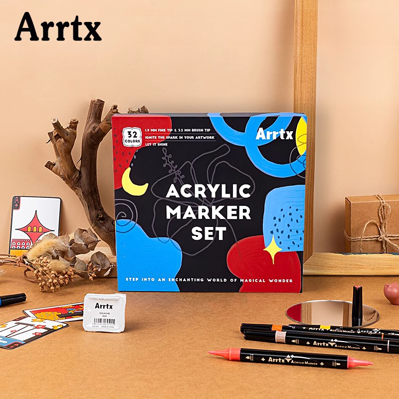 Rotuladores acrílicos Arrtx, juego de marcadores artísticos de 32/64 colores, punta doble suave/dura, secado rápido, resistente al agua, 1,9mm, 3,2mm de ancho de línea