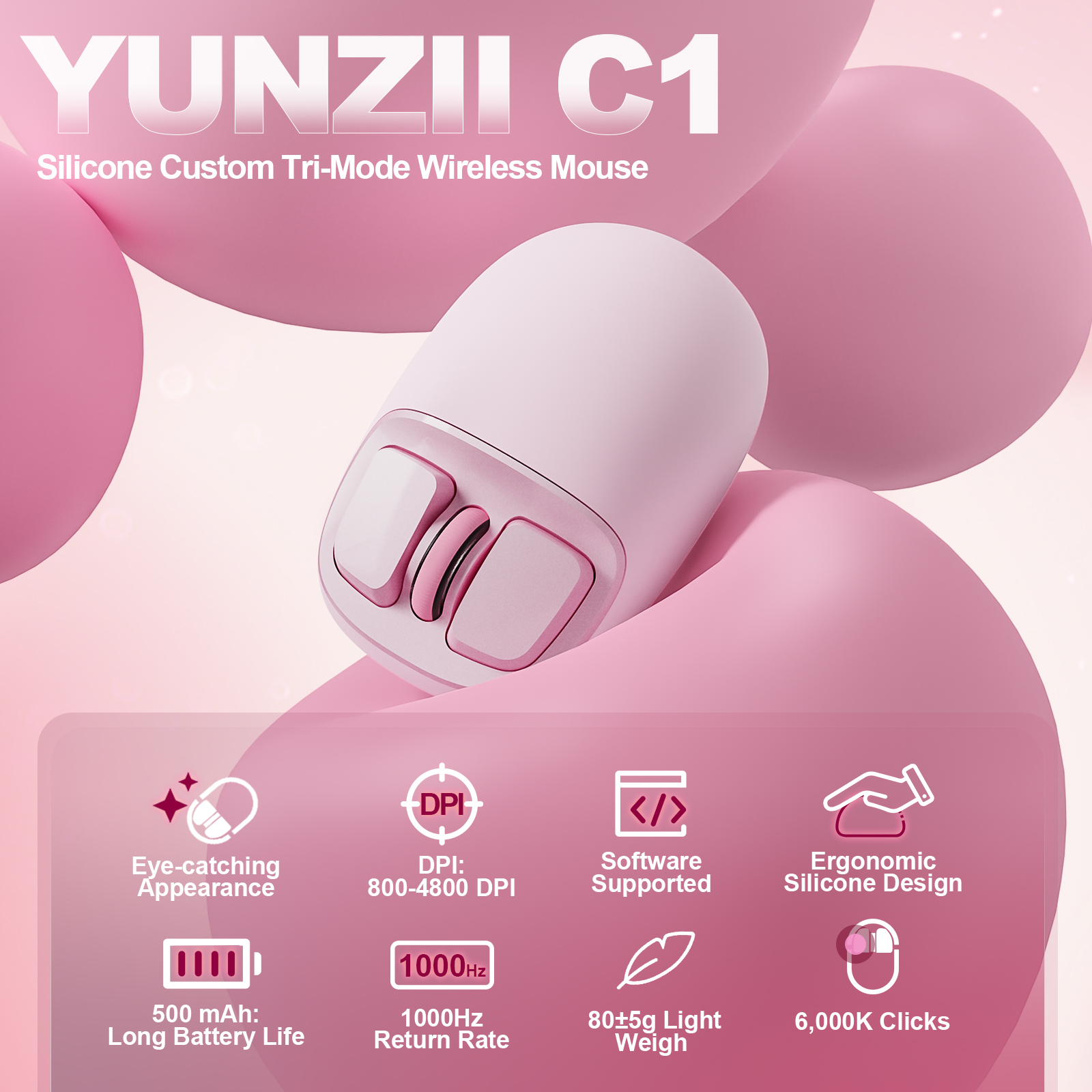YUNZII C1 Spielen-Maus Tri 2,4G/USB-C/Bluetooth 6 DPI-Stufen Optische Verfolgung-Technologie Silikon Anpassbare Kabellose Maus für sterben Arbeit