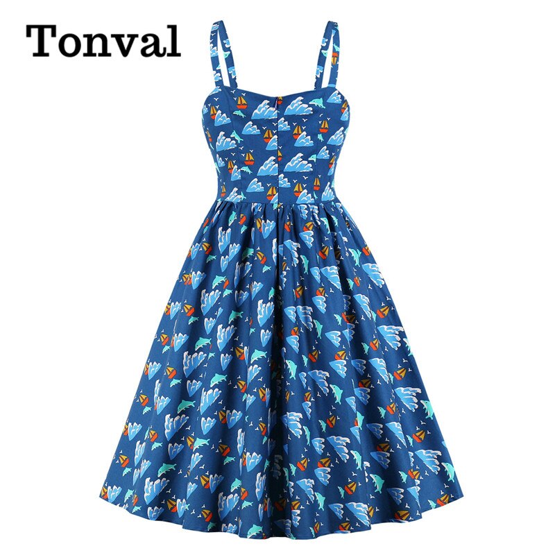 Tonval flerfarvet print sløjfe foran 50s vintage højtaljede plisserede kjoler til kvinder spaghetti rem fest pinup kjole