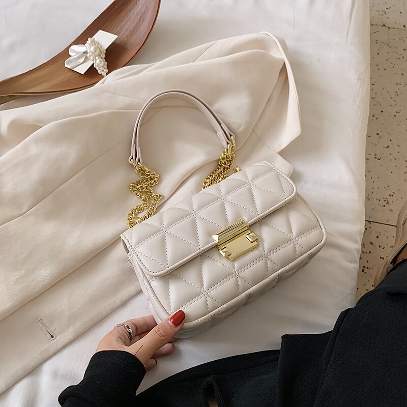 Treillis carré sac à bandoulière en cuir PU femmes concepteur sac à main chaîne épaule sac de messager: White
