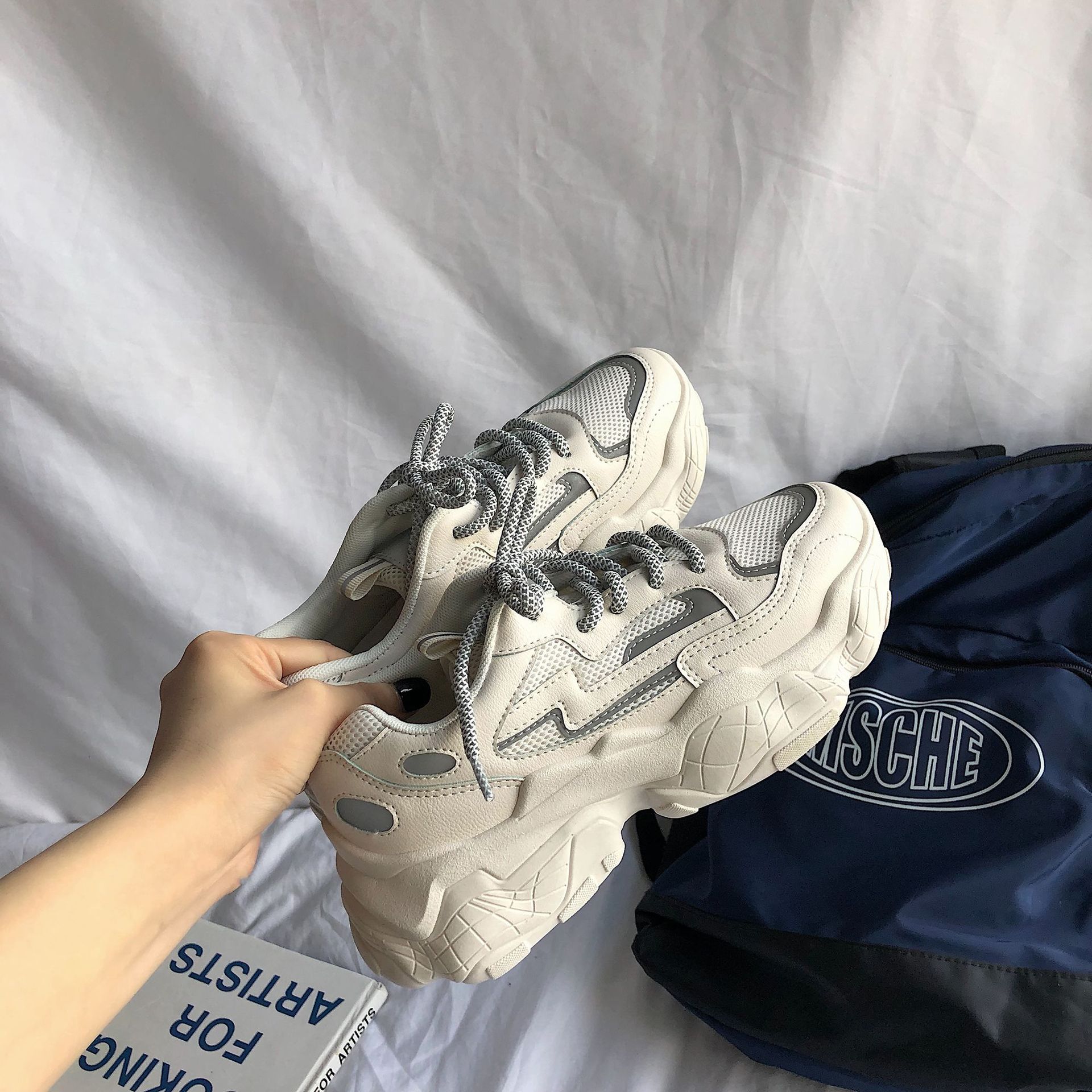 Baskets réfléchissantes femmes maille respirant plate-forme talons compensés chaussures à lacets vulcaniser chaussures femme sport chaussures plates papa chaussures