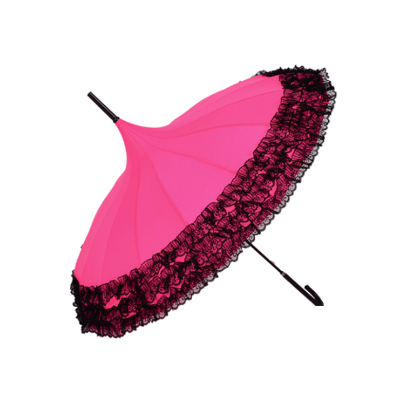 Princess Lace Pagoda Umbrellas For Straight Bar Semi Automatic Long Handle Hook Rain Gear Lady Sunshade Unbrellas Women Parasol: watermelon red