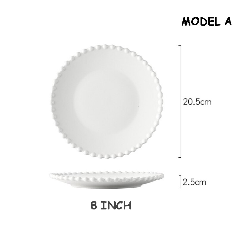 Nordic Pearl-Rim Plate Ceramics Dinnerware Set Steak Flat Tray Dessert Plate Salad Bowl Beaded Tableware Round Shape: A