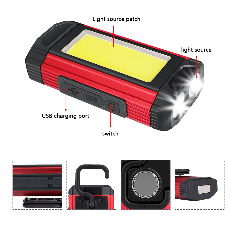Powerful COB LED Flashlight Torch USB Rechargeable Work Light Inspection Lamp Camping Tent Lantern Lamp Built-in Battery 5Mode