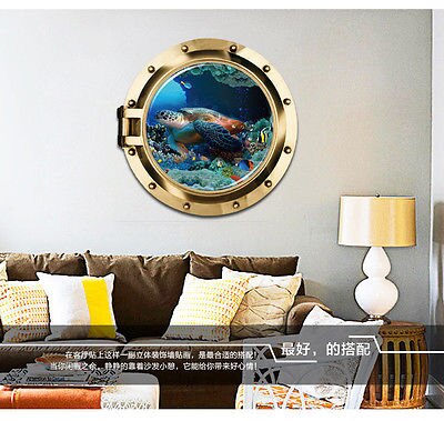 3D submarine window sea wall sticker decals ocean fishes undersea wallpaper kids home livingroom bedroom bathroom decor