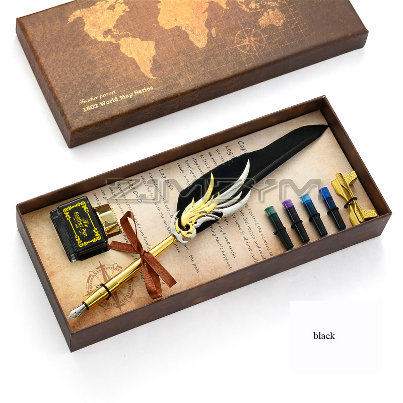 Feather Pen Luxury Fountain Signature Sprinkling Quill Ink Pen European Retro Feather Dip Fountain Pen Set School Supplies: black