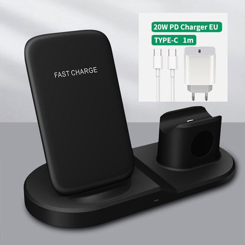 Draadloze Oplader Dock Station Voor Apple Horloge 6 5 4 Airpods Pro 10W 3 In 1 Snelle Draadloze Opladen stand Voor Iphone 12 11 Pro Max: Black With EU Plug