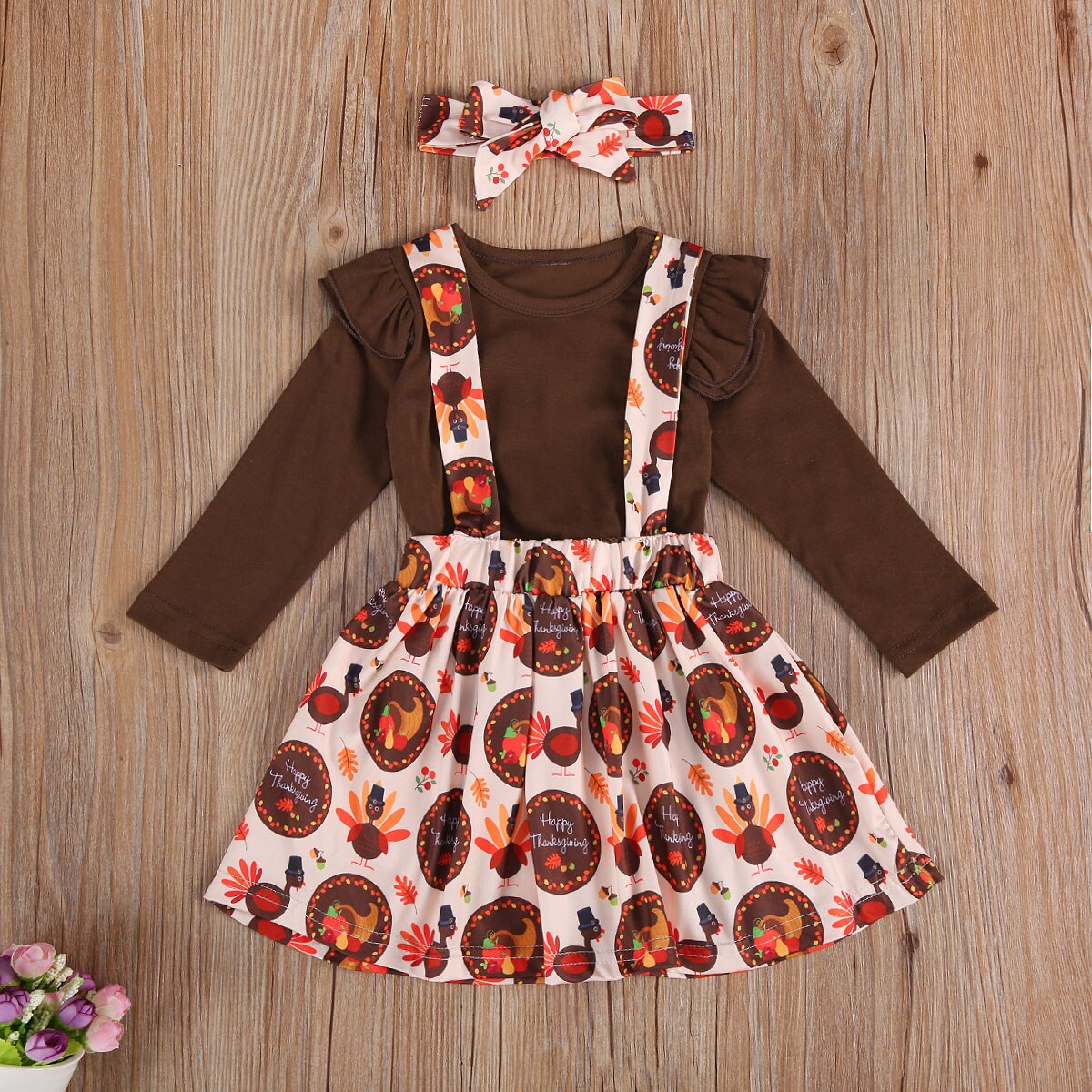 Thanksgiving Peuter Baby Meisjes 3 Stuks Rokken Outfits, Lange Mouwen Top + Jarretel Gedrukt Rok + Hoofdband
