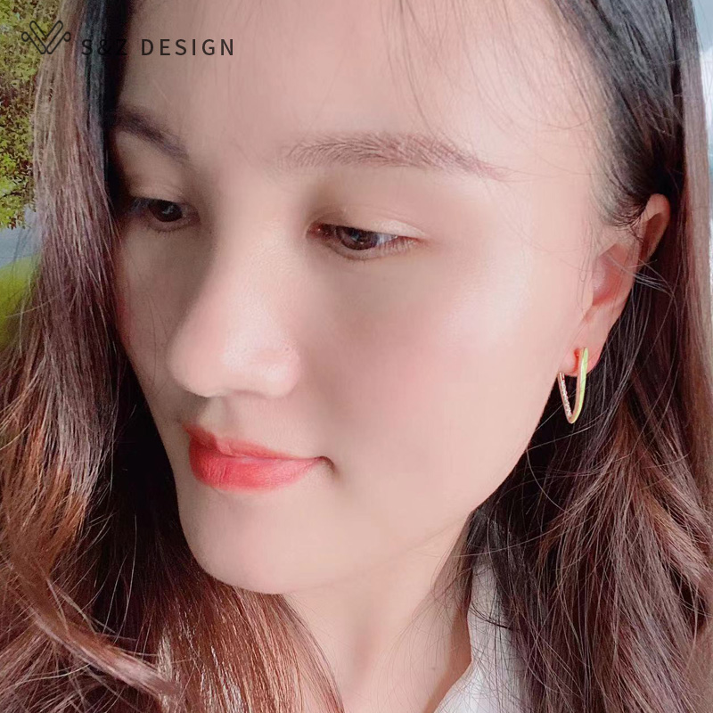 S&Z Mode Goud Kleur Groen Emaille Dangle Oorbellen Voor Vrouwen Bruiloft Zirconia Sieraden