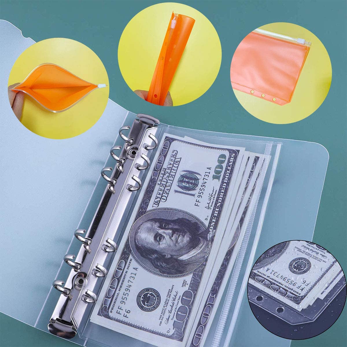 A6 Clear PVC 6 Ring Binder Budget Planner Organizer Notebook Waterproof Folders with 12 Colorful Zipper Binder Pockets,A Ruler