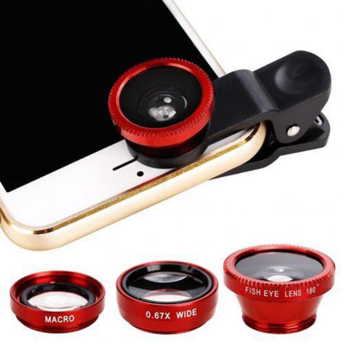 Lente de teléfono móvil 3 en 1, Macro de gran angular, ojo de pez, juego de lentes para cámara, Clip Universal, accesorio de foto: Rojo