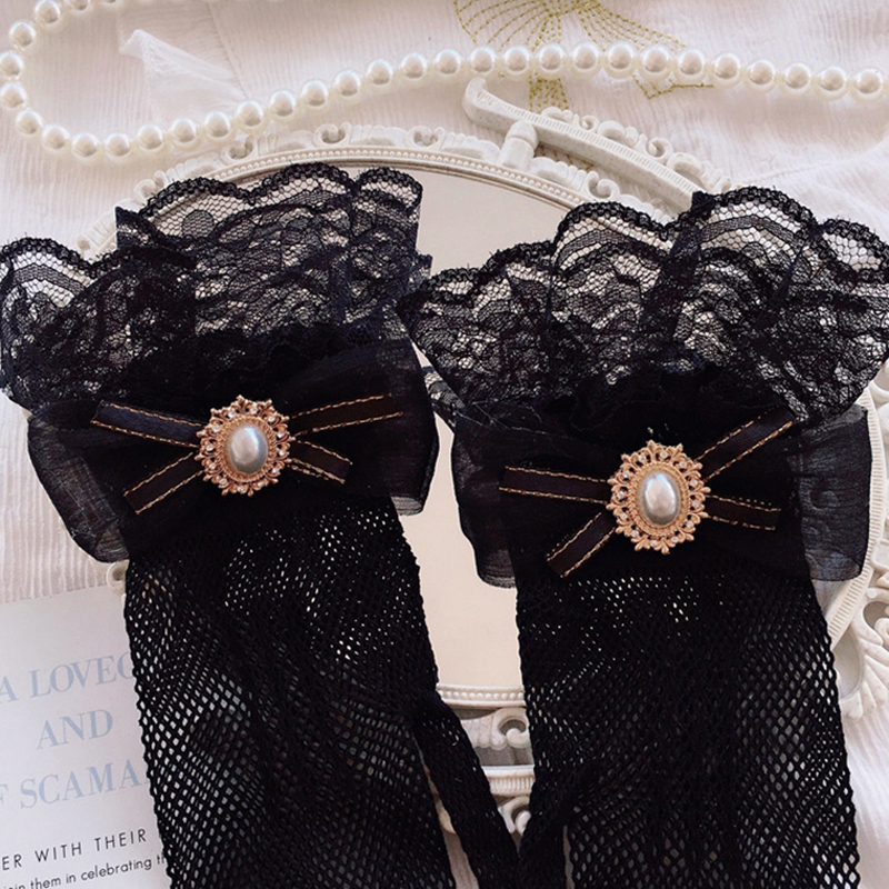 Japanese Soft Girl Black White Lace Gloves Girl gothic Lolita Mesh Bow Flower Lace Gloves Sweet Wristband Maid Cosplay Jewelry: green