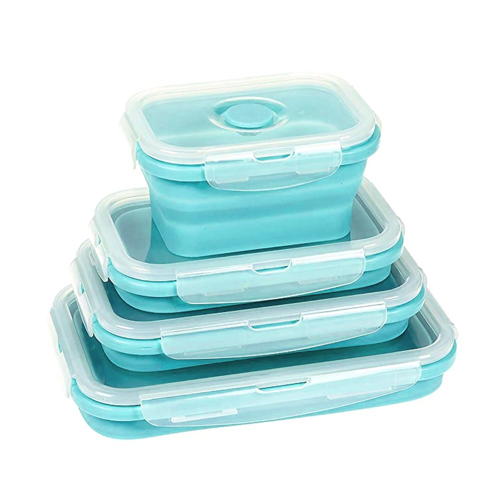 Fda 3/4 Pcs Draagbare Opvouwbare Lunchbox Vierkante Siliconen Lunchbox Magnetron Lunchbox Plastic Koelkast Hoge Temperatuur: Blauw / 4