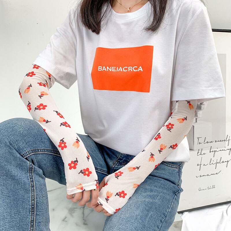 Is silke kold frugt blomster print solhandsker halvfinger fingerløse kørearmvarmere sport solcreme langærmet  c31