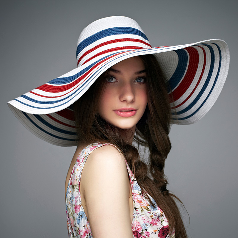Sombrero de paja para el sol para mujer, gorra de playa con protección solar UV, a rayas red y white,informal: 1