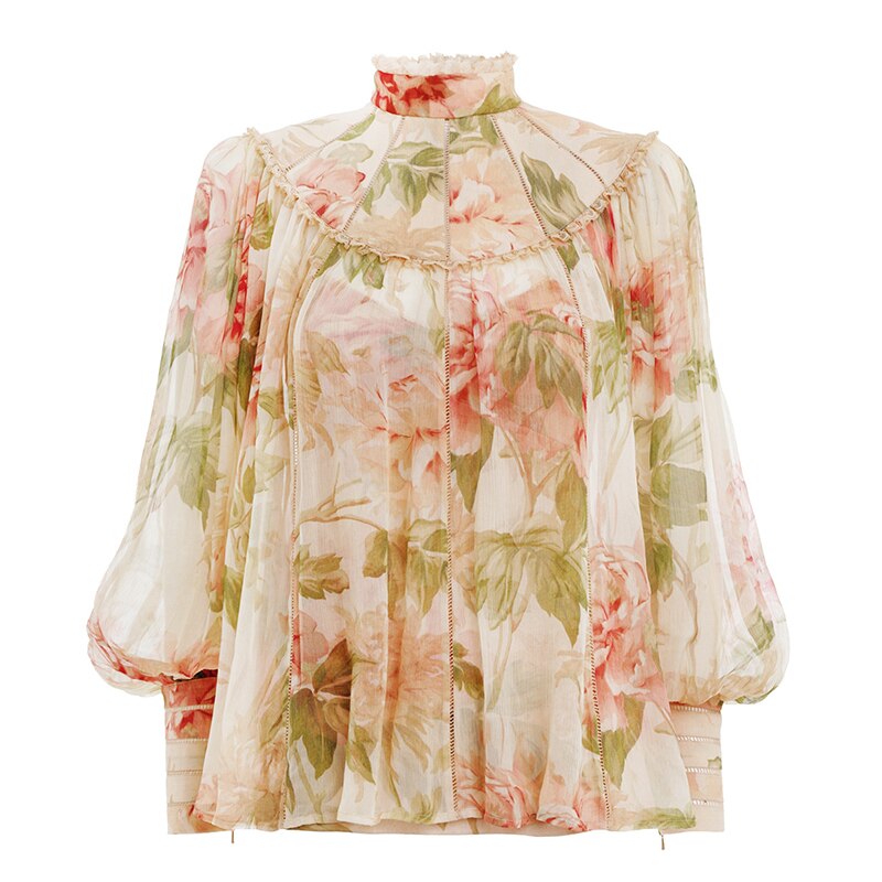 Boho Geïnspireerd Bloemen Swing Yoke Blouse in Multi Patroon ruche dames blouse shirt herfst hoge hals langwerpige manchetten top vrouwen