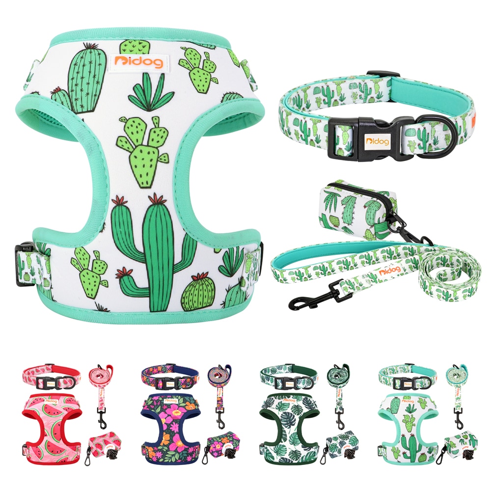 Print Dog Collar Harness Leash Poop Bag Set Adjustable Pet Collars Vests For Small Medium Dogs Pets Walking Rope Garbage Bags