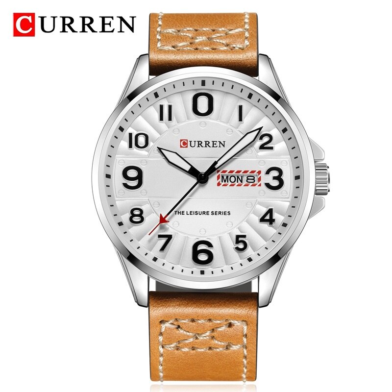 CURREN-reloj analógico con correa de cuero para hombre, accesorio de pulsera de cuarzo resistente al agua con cronógrafo, complemento masculino deportivo de de lujo con moderno: Brown Silver
