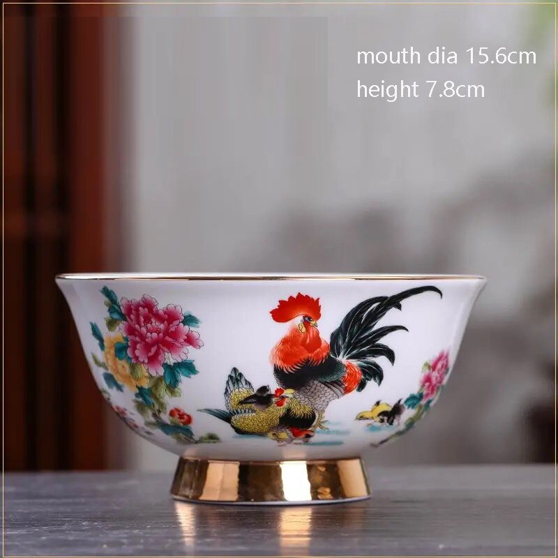 Jingdezhen Ceramic Antique Bowl Tableware Household Bowl Noodles Bowl Gold Painted Large Rice Bowl Soup Bowl High Foot Bowl: chicken bowl x 1
