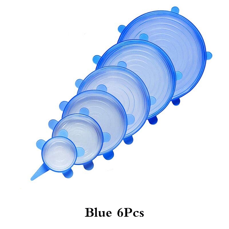 6PCS Silicone Cover Reusable Silicone Stretch Lids Adaptable Food Cap Universal Dish Airtight Lid Wrap Cover Kitchen Accessories: Round-Blue