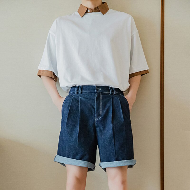 EWQ / men's wear thin style summer denim knee length pants loose straight casual shorts back elastic 9Y3165