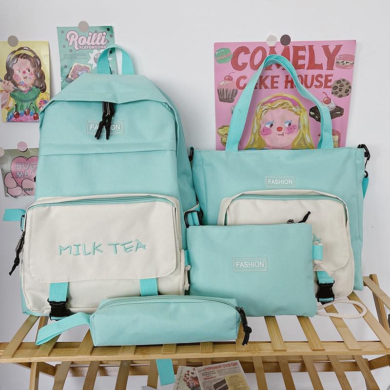 Mochila Oxford Harajuku para chica, bolso escolar de gran capacidad, bolsas para libros de estudiantes, 4 piezas: LightGreen