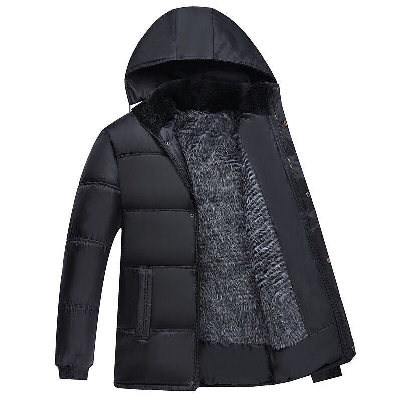 Parka herrefrakker vinterjakke herre tyk hætte vandtæt outwear varm frakke vindtæt fleece parka casual herre overfrakke: Sort / Xxxl 80-90kg