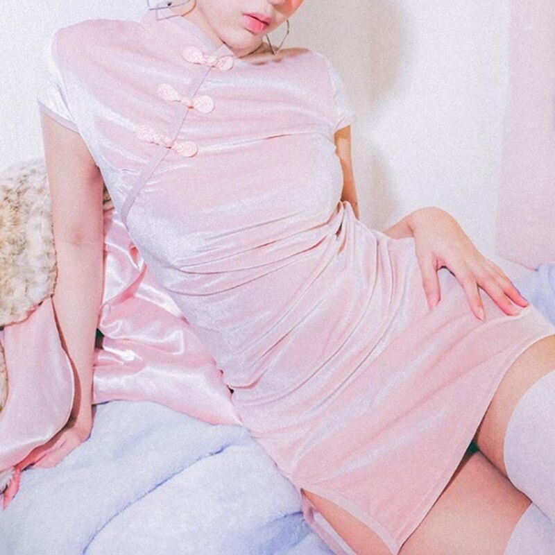 Cheongsam Vintage Chinese Dress Women 3Colors Satin Gothic Style Qipao Short/full Sleeve Party Year Clothes Harajuku Vestido: Pink / L