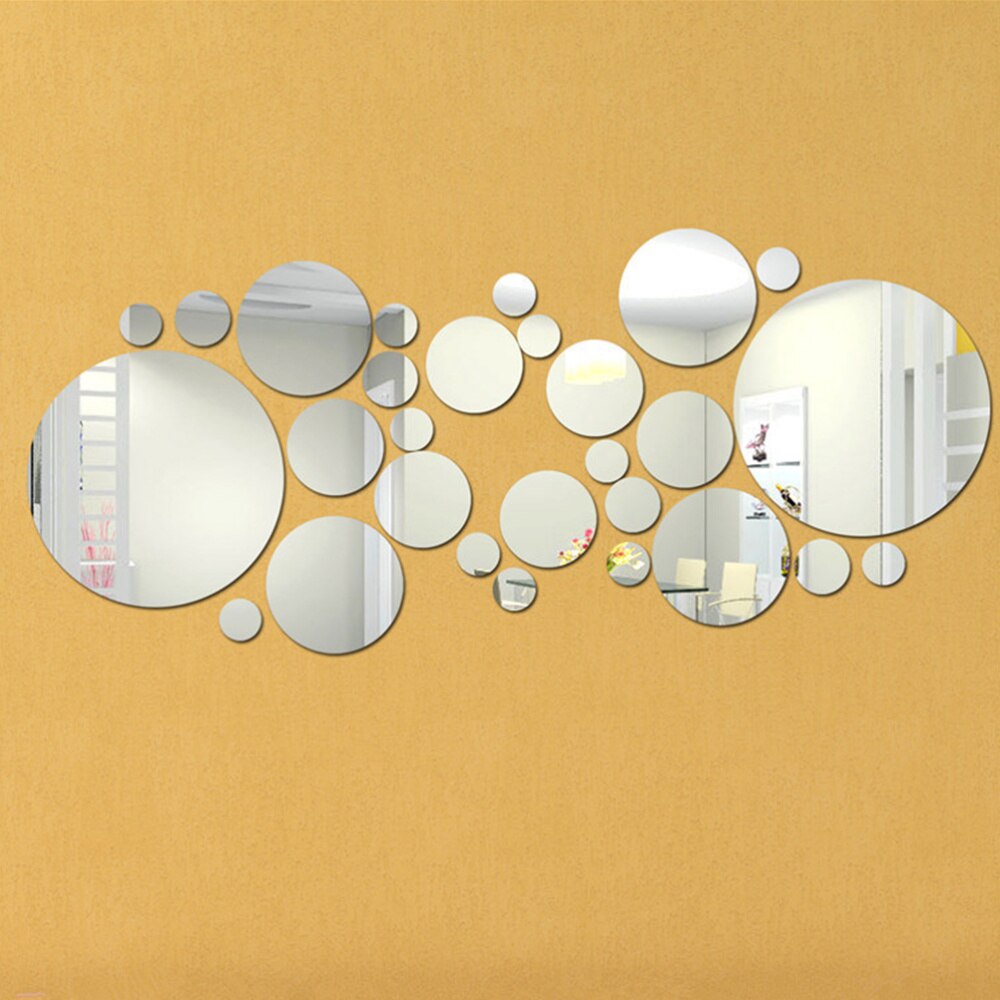 30PCS Round DIY Mirror Surface Wall Sticker Self Adhesive Waterproof Mirror Sticker for Home Living Room Bedroom (Silver)