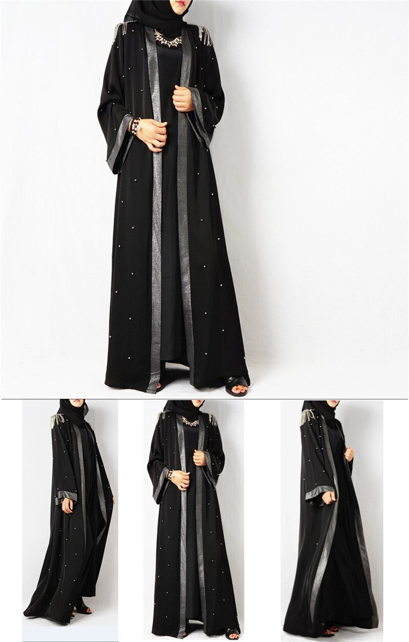 Lyxig klockärm axelkudde öppning svart modell abaya i dubai kimono med pärlpärlor snabbt