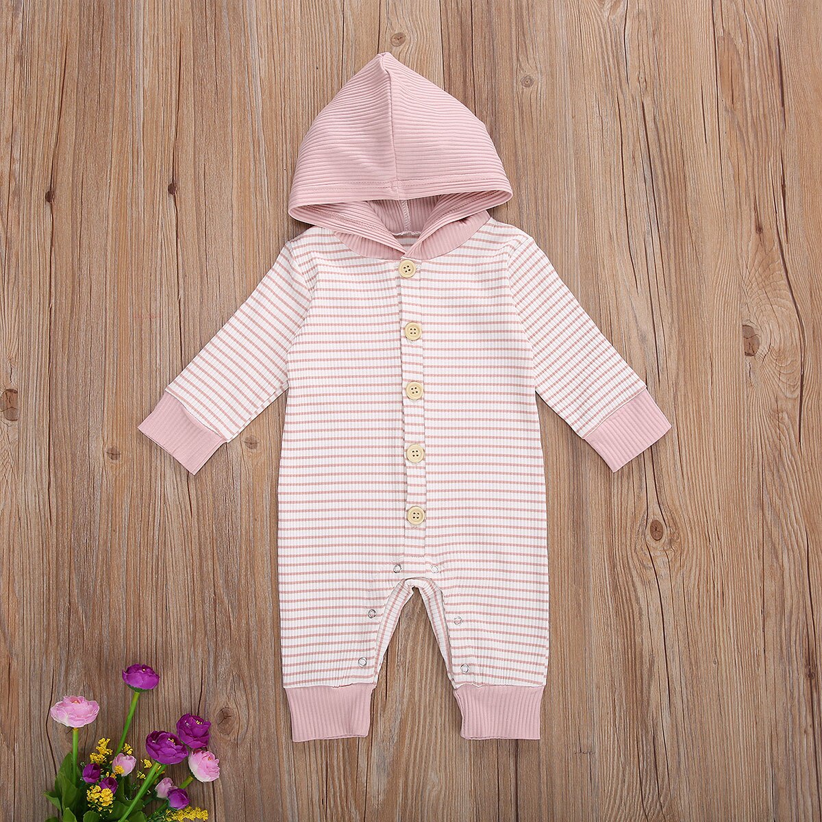 Baby Baby Hooded Romper Gestreepte Lange Mouwen Hooded Jumpsuit Lente Herfst Voor Meisjes Jongens, Kaki/Geel/Roze