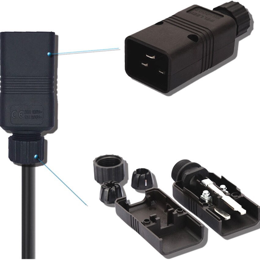 Black 16A CE Copper IEC320 C19 C20 UPS PDU Power Rewirable Connector 3P Assemble Wire Receptacle Male Female Convert Socket Plug
