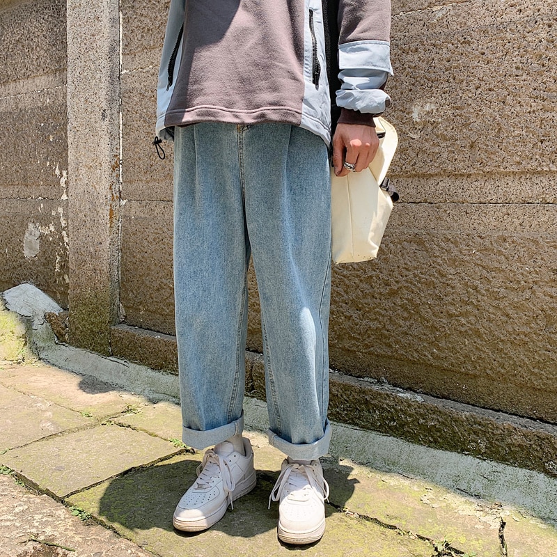 Lappster mænd baggy oversize jeans bukser denim herre hip hop harem bukser vintage casual kvinder denim bukser lige bukser: Lyseblå / S