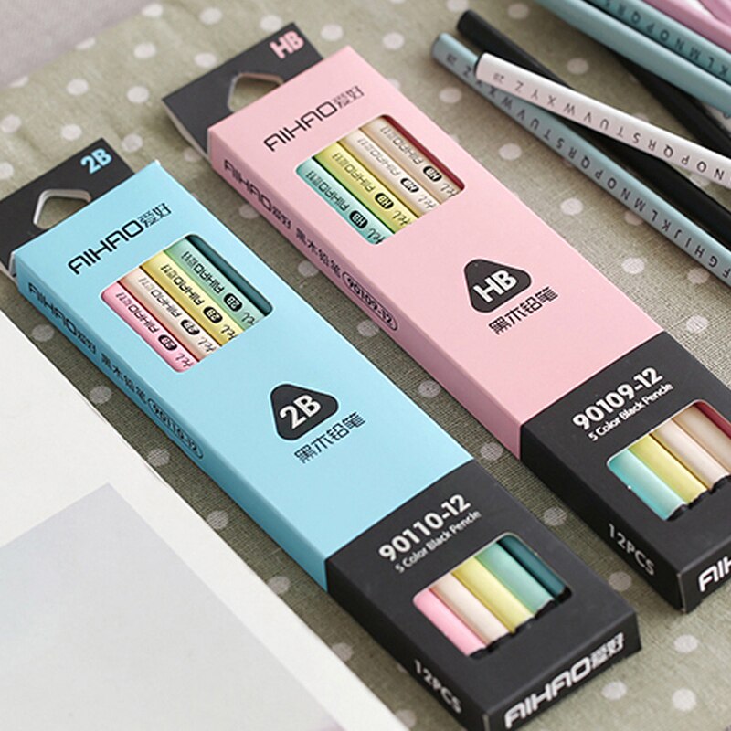 Triángulo Kawaii negro de madera lápiz de madera HB Color caramelo estudiante pintado de madera lápiz 12 palos para escribir suministro Oficina colegio