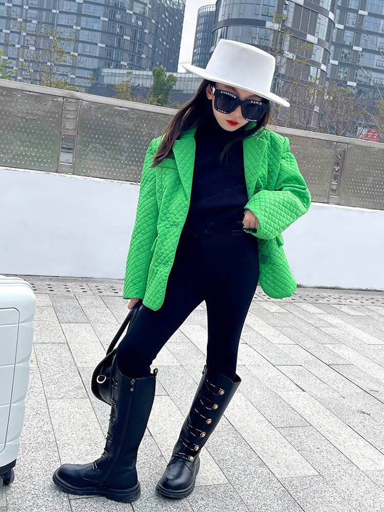 Meisje Jassen Herfst Winter Groene Mode Outfit Kinderen Plus Katoen Dikkere Uitloper Kids Lange Plaid Jassen 3-12Y WZ482