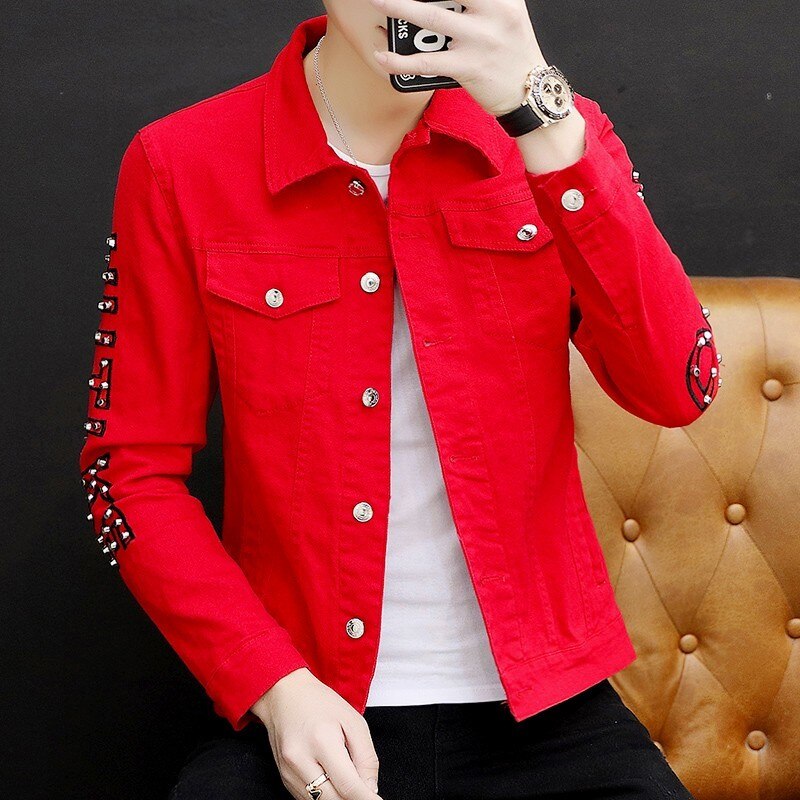 Vintage Letter Rivet Personality Mens Denim Jackets Korean Long Sleeve Single Breasted Punk Slim Casual Chaqueta Hombre: 4 / M