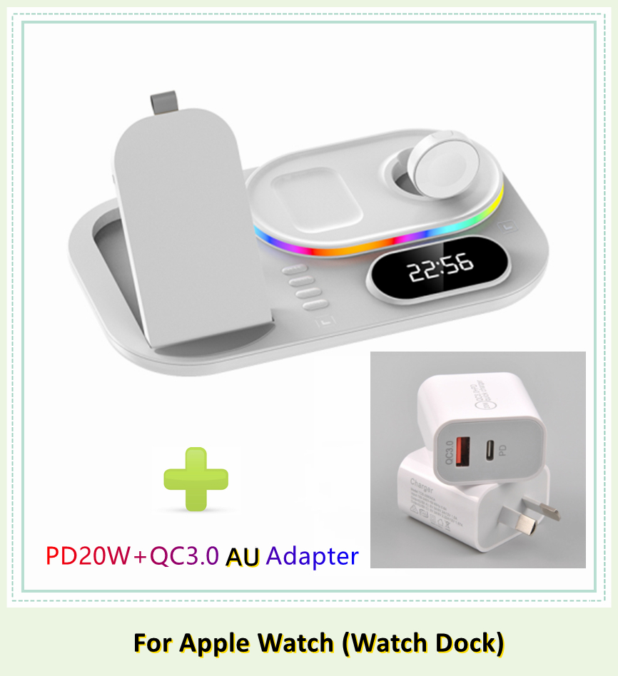 LED 4 in 1 Wireless Charger Dock Qi Fast Charging Station for Apple Watch Airpods iPhone 12 13 Pro Samsung S21 Note Mobile Phone: White apple AU Plug