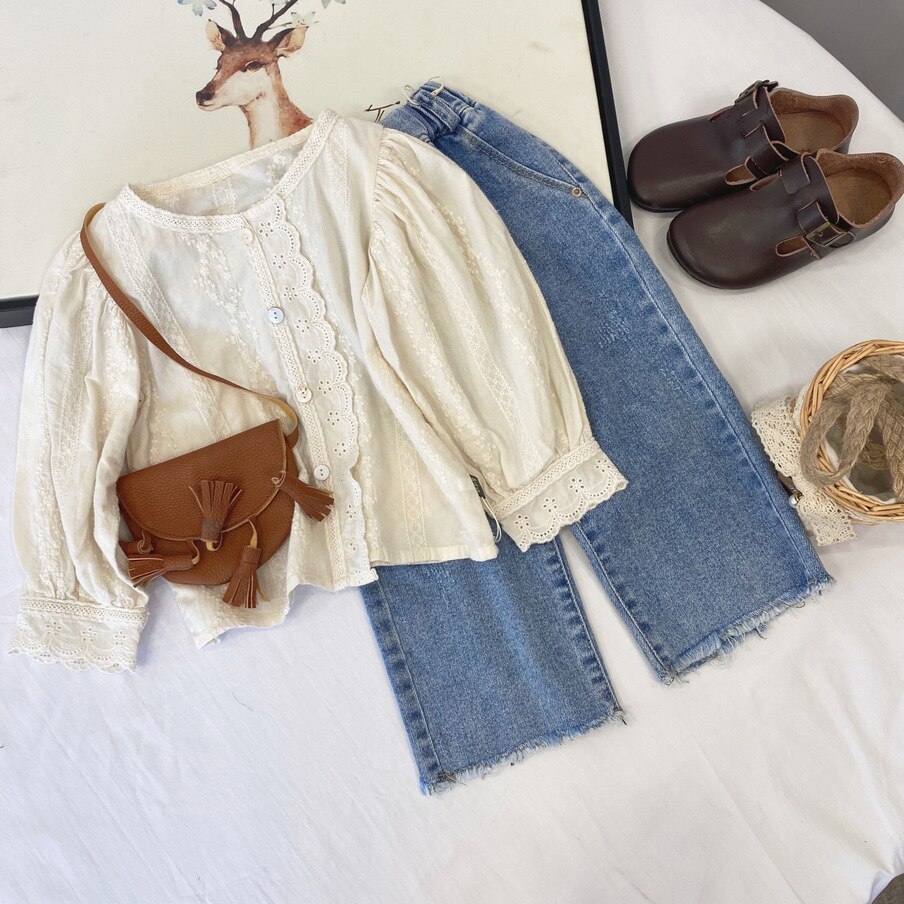 2022 Spring Girls Long Sleeve Lace Floral Blouses Kids Korean Blouses