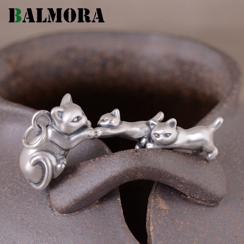 Balmora 100% 990 Puur Zilver Leuke 3D Kat Hanger Voor Vrouwen Mannen Retro Animal Hanger Thai Zilveren Sieraden Zonder keten