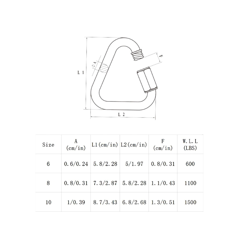 Mousqueton Triangle à vis en acier inoxydable 304, mousqueton de sécurité,