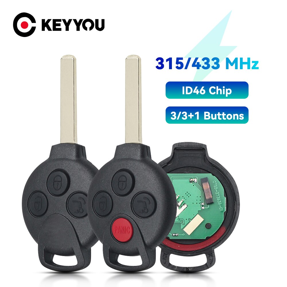 Keyyou 3 knapper ekstern bilnøkkel til mercedes-benz smart smart fortwo 451 2007 433 mhz  id46